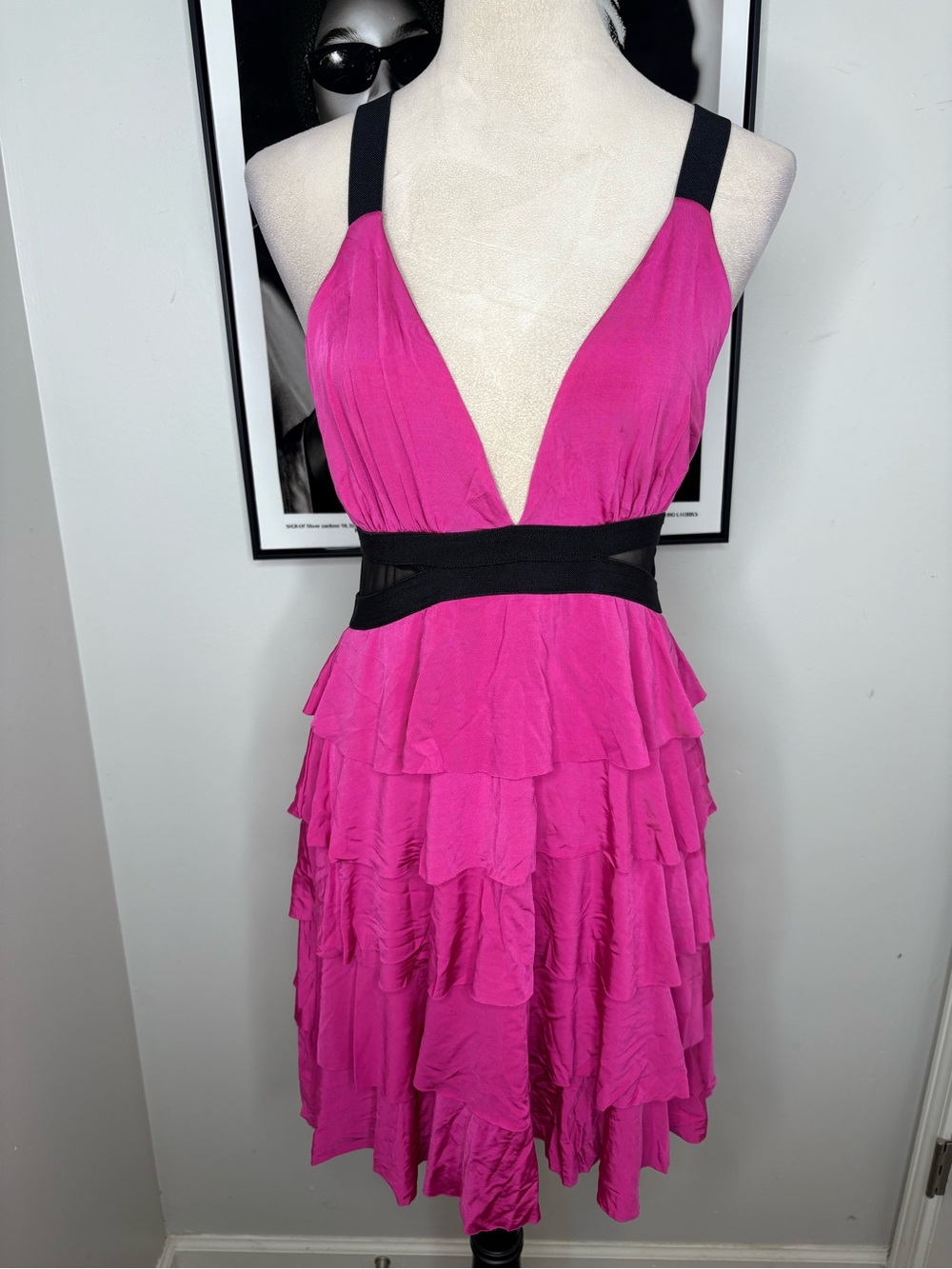 bebe Fuchsia Tiered V-Neck Mini Dress with Black Waistband